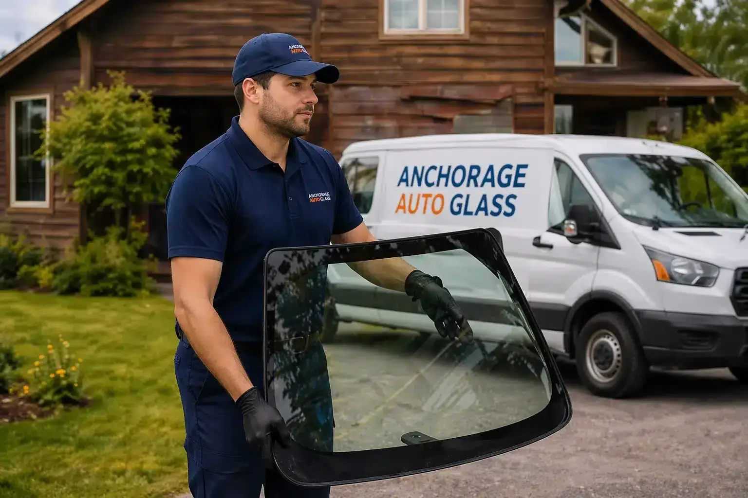 Local Anchorage auto glass specialists completing repair job