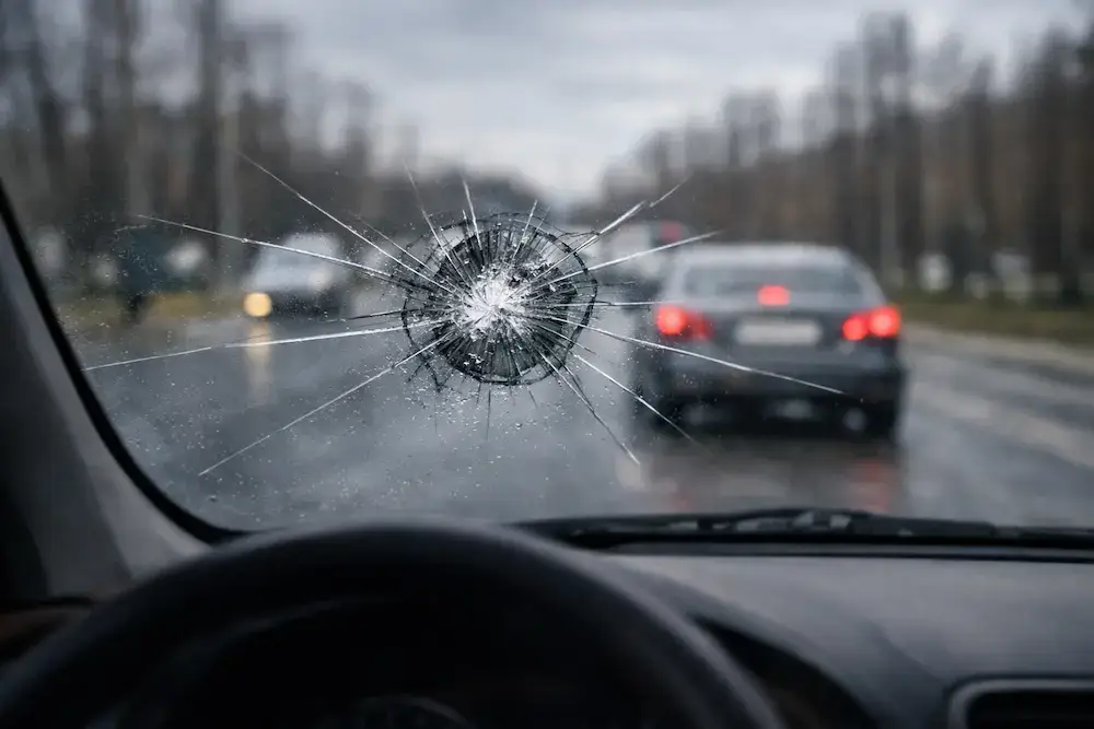 Cracked windshield viewed from inside a car, with damage directly in the driver’s line of sight, reducing visibility and safety.