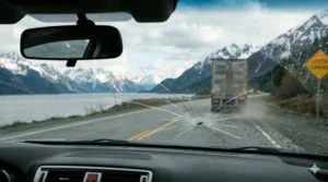 View through cracked windshield on Alaska’s Seward Highway with truck ahead and loose gravel sign, illustrating windshield damage risks on Alaskan roads.