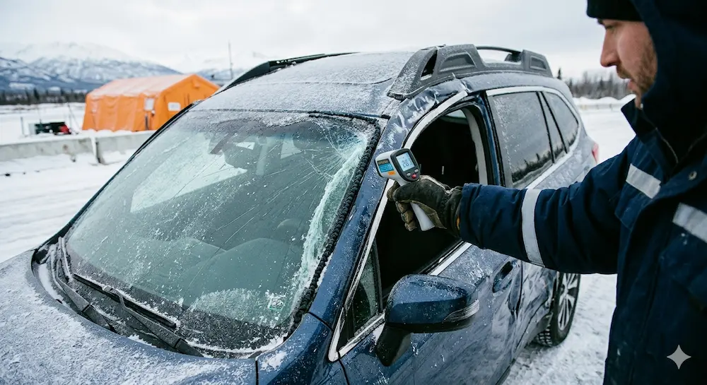 Technician measuring windshield temperature during cold-weather windshield replacement on a damaged vehicle in snowy Anchorage, Alaska.