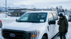 Customer waiting beside a white pickup truck after windshield replacement at an Anchorage auto glass shop during snowy Alaska winter conditions.