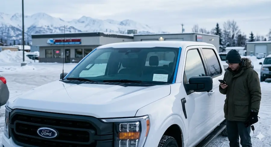 Customer waiting beside a white pickup truck after windshield replacement at an Anchorage auto glass shop during snowy Alaska winter conditions.