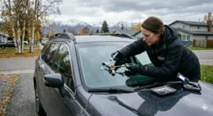 Windshield crack repair technician fixing a cracked windshield on a vehicle in Anchorage Alaska to help reduce windshield crack repair costs.