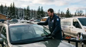 Mobile auto glass technician performing windshield replacement on an SUV in Anchorage, Alaska during winter conditions to help drivers understand windshield replacement cost in Anchorage, AK.