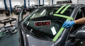 Auto glass technician holding a freshly replaced windshield secured with green retention tape and a countdown timer showing safe drive away time after windshield replacement in cold weather