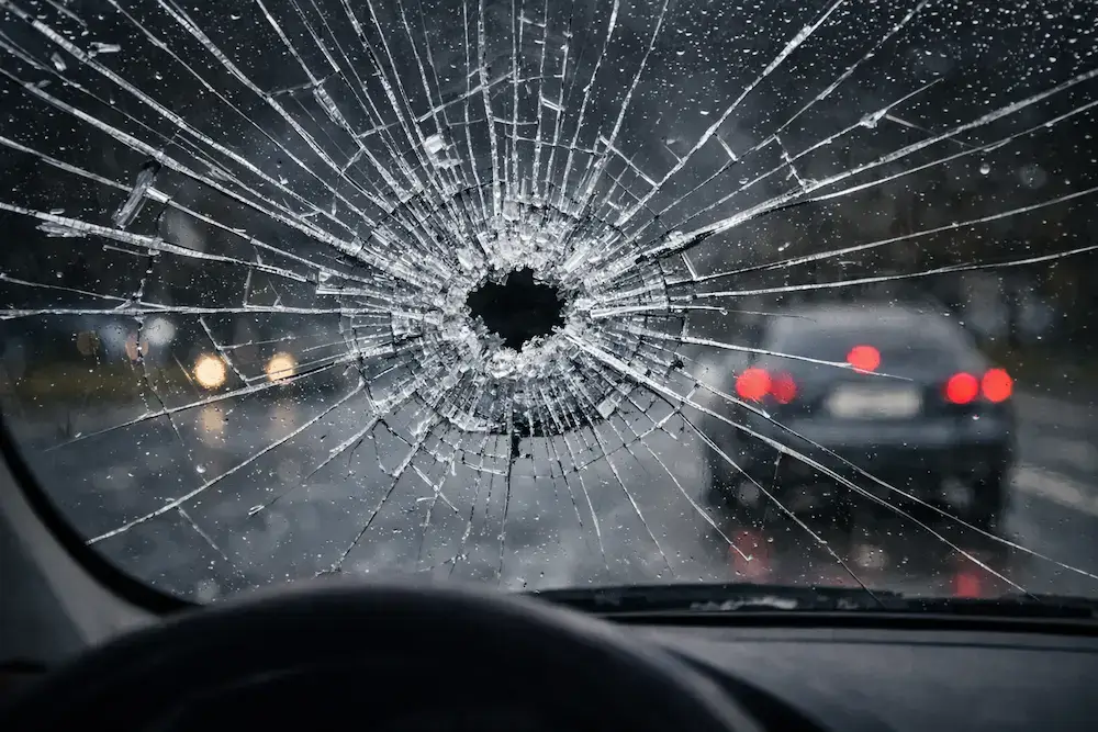 Shattered windshield viewed from inside a car, showing extensive cracks and broken glass radiating from a central impact point.