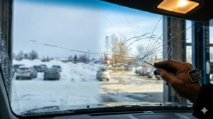 Certified auto glass technician inspecting cracked windshield inside vehicle during spring checkup in Anchorage, Alaska, after harsh winter conditions.