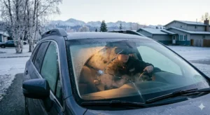 Cracked windshield on a vehicle during a cold Alaska winter morning showing how extreme temperatures can cause windshield damage and spreading cracks.