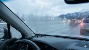 Foggy windshield during winter driving in Anchorage Alaska causing reduced road visibility