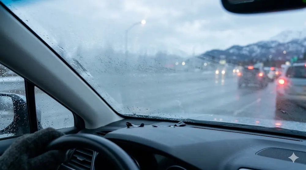 Foggy windshield during winter driving in Anchorage Alaska causing reduced road visibility