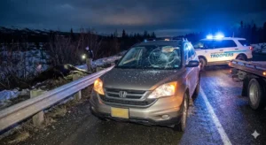 Vehicle with severe windshield damage after a moose collision on an Alaska highway as state troopers investigate the crash scene during winter conditions.