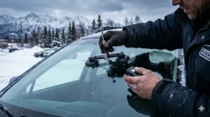 ertified auto glass technician repairing cracked windshield with resin injector in cold Anchorage, Alaska, highlighting durability of resin in freezing temperatures.