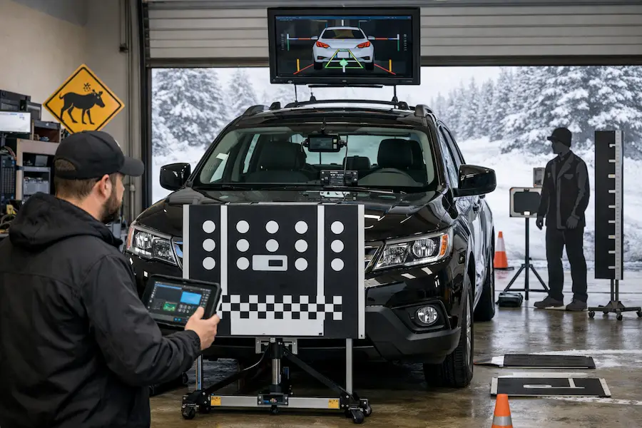 A technician performs ADAS calibration on a black SUV inside a garage, using a calibration target board and tablet, with a monitor mounted on the vehicle displaying camera alignment data, snowy trees visible in the background.
