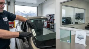 Auto glass technician installing a replacement windshield in an Anchorage auto glass shop with warranty-certified materials