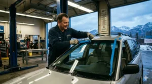 Auto glass technician replacing a windshield inside an Anchorage repair shop during cold Alaska weather conditions