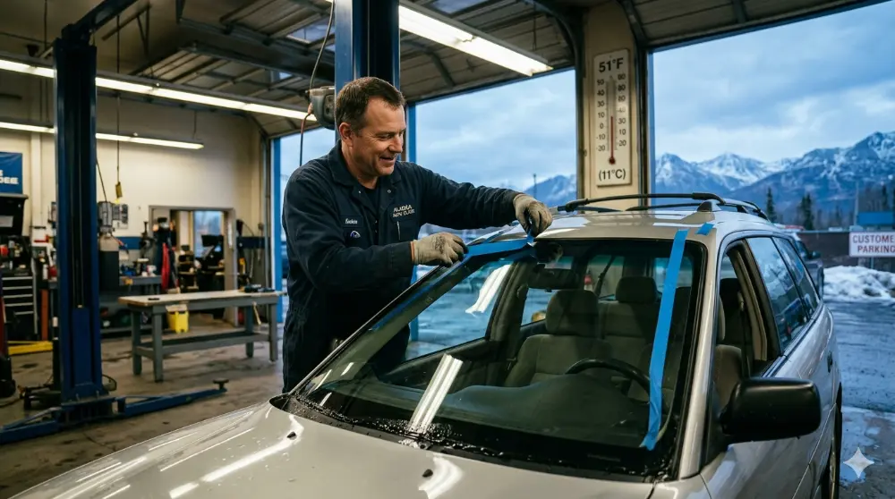 Auto glass technician replacing a windshield inside an Anchorage repair shop during cold Alaska weather conditions