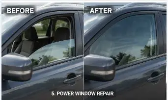 Before and after power window repair in Anchorage, AK — broken side window fixed same-day by Auto Glass Anchorage