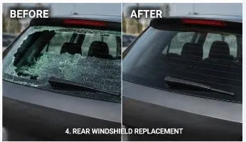 Before and after rear windshield replacement in Anchorage, AK — shattered back glass replaced with OEM-quality glass same-day