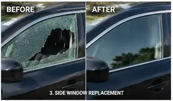 Before and after side window replacement in Anchorage, AK — broken door glass replaced same-day by Auto Glass Anchorage