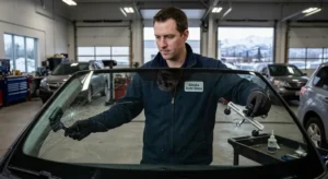 Windshield repair technician inspecting cracked auto glass inside Anchorage repair shop during windshield repair vs replacement service in Alaska