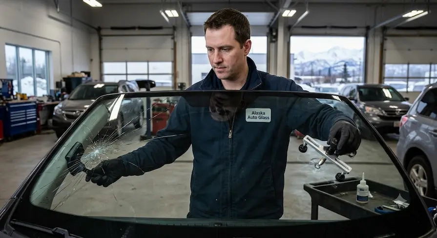 Windshield repair technician inspecting cracked auto glass inside Anchorage repair shop during windshield repair vs replacement service in Alaska
